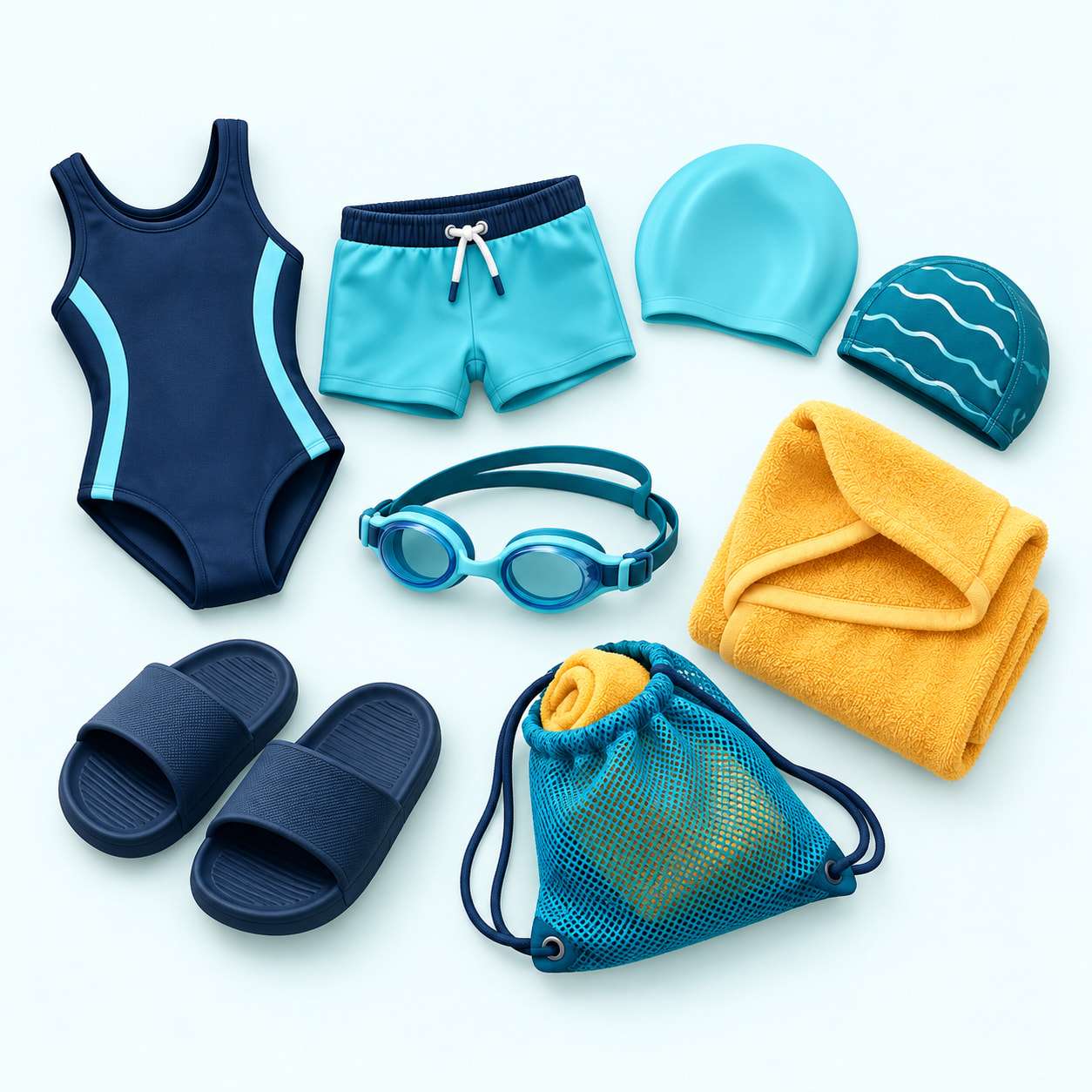 Ilustrație: costum de baie pentru copii, cască de înot pentru copii, ochelari de înot pentru copii, halat sau poncho cu glugă, papuci de bazin